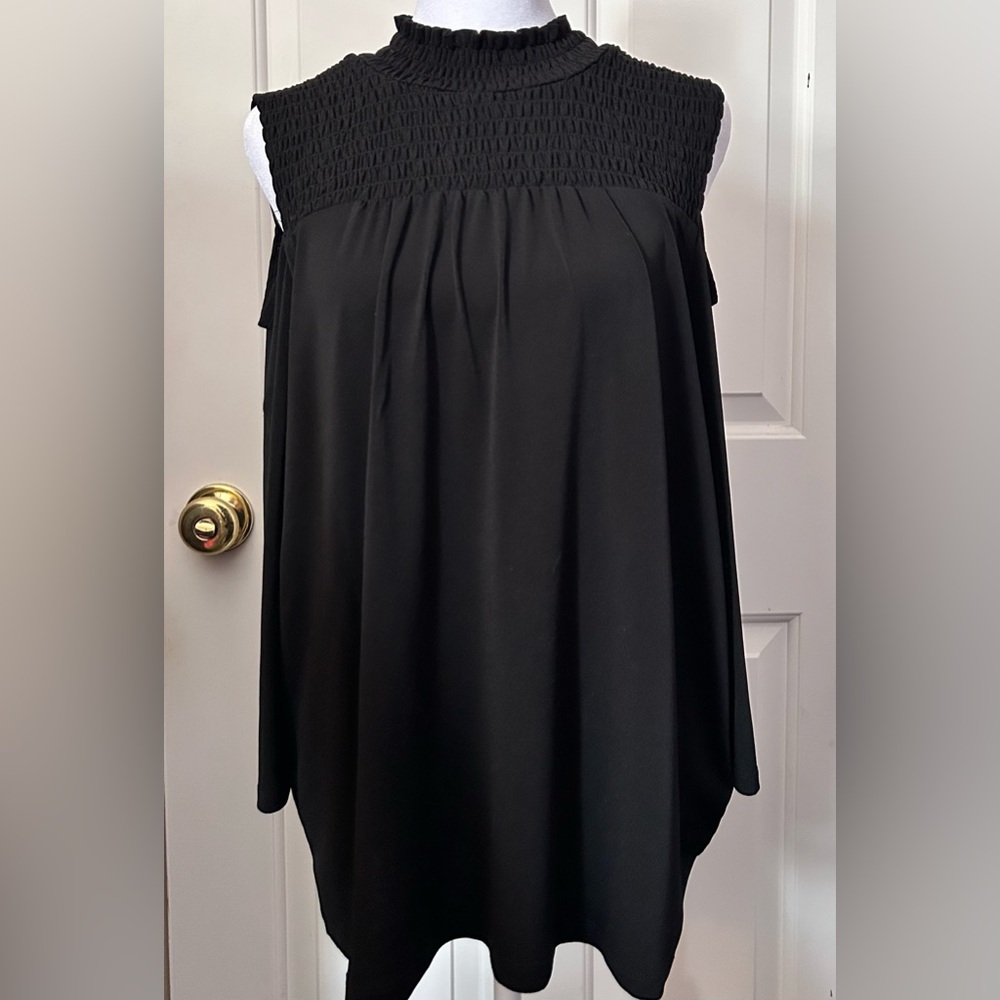 Adrianna Papell Black 3/4 Sleeves Cold Shoulder Mock Neck Top Size Large